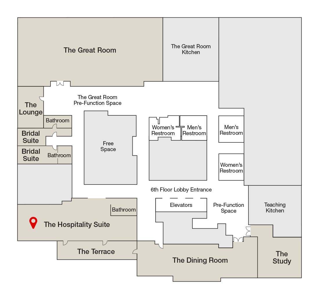 The floor plan for the 6th floor, with a pin indicating the location of The Hospitality Suite.