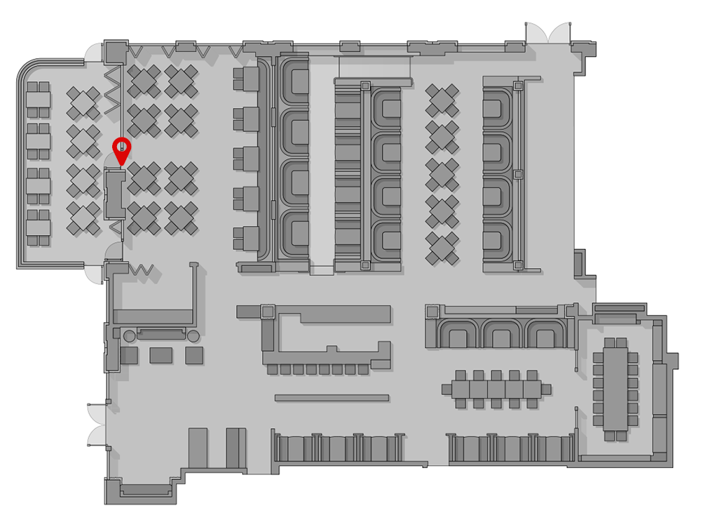 The floor plan of the ground floor, with a pin indicating the location of The Porch & Patio.